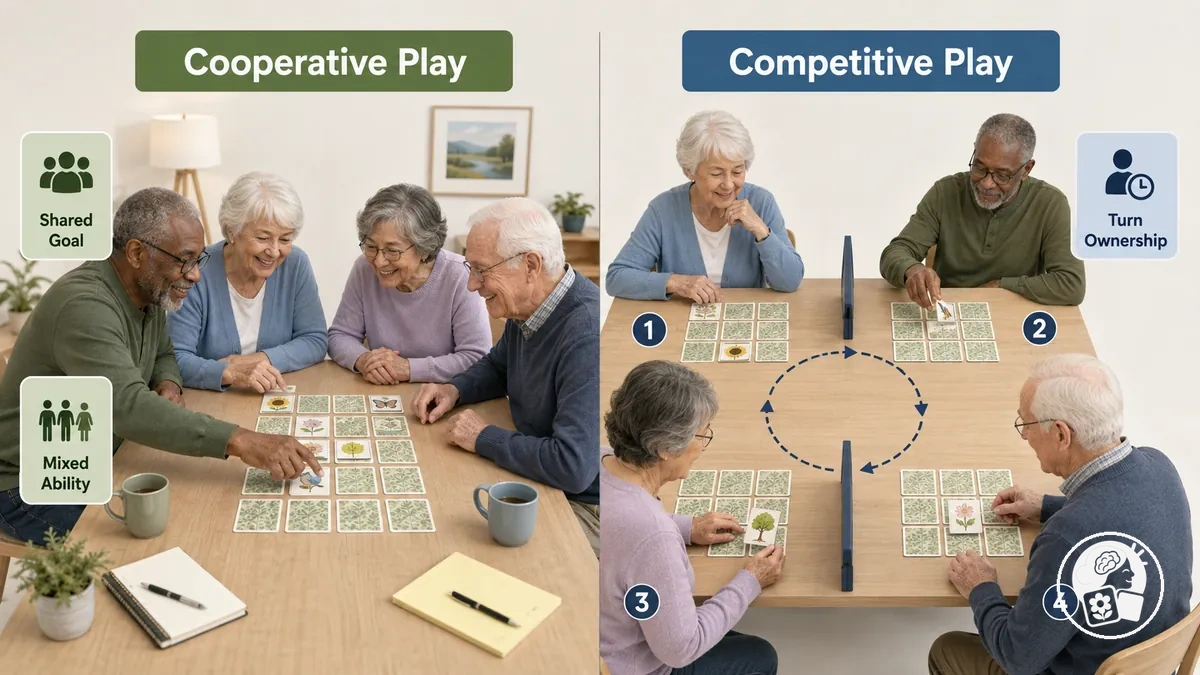 Formatos de grupo cooperativo y competitivo para un juego de memoria imprimible con personas mayores