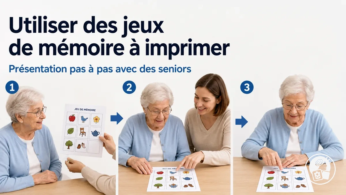 Senior apprenant pas à pas à utiliser un jeu de mémoire à imprimer