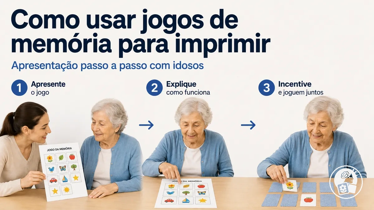 Pessoa idosa aprendendo passo a passo a usar um jogo de memória para imprimir